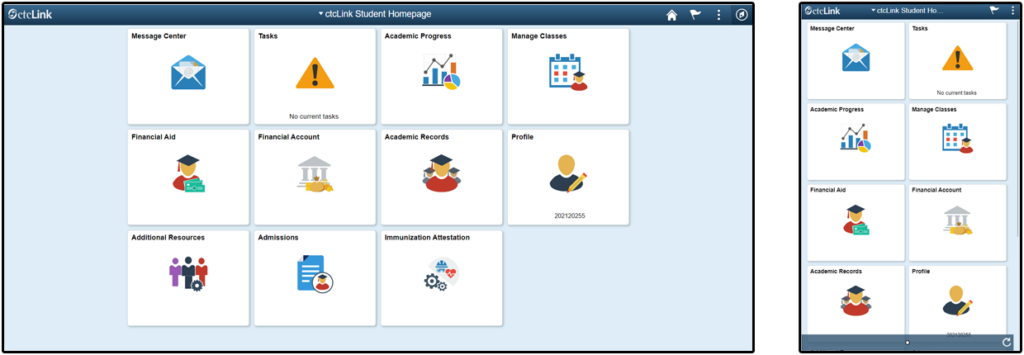 Bellevue College ctcLink desktop (full site) view on desktop (left) and mobile (right)