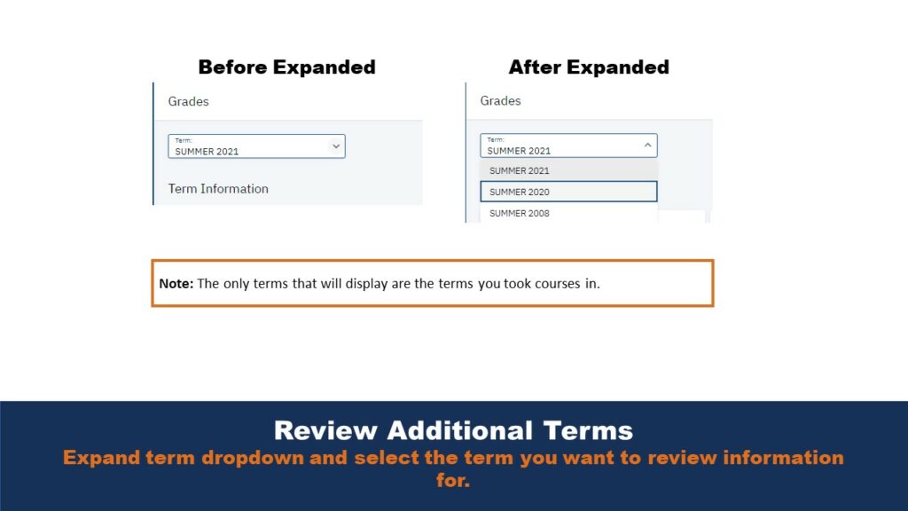 Picture of the Term select menu, showing what the user interfaces look like before and after the dropdown menu is expanded. 