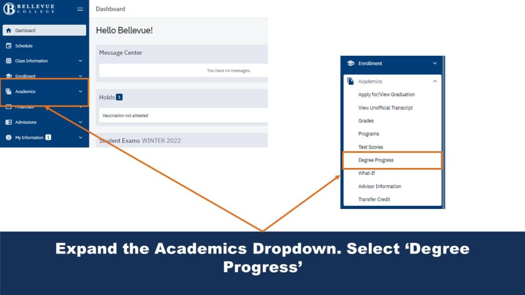 Picture of the Student Dashboard. An arrow points to the Academics dropdown menu, and another arrow points to the Degree Progress button found in that menu. 