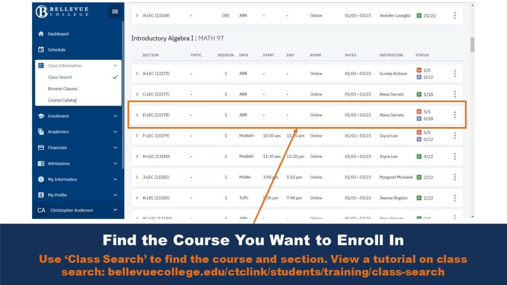 Picture that shows the class search page on the Bellevue College website. An arrow points to an example course as a visual aid