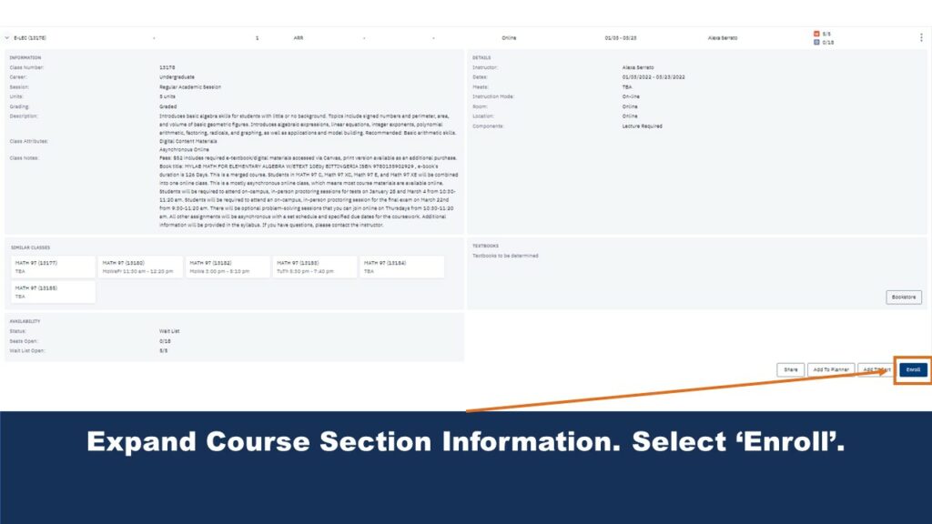 Picture that shows the expanded course selection information screen. An arrow helps users locate the "Enroll" button no the page.