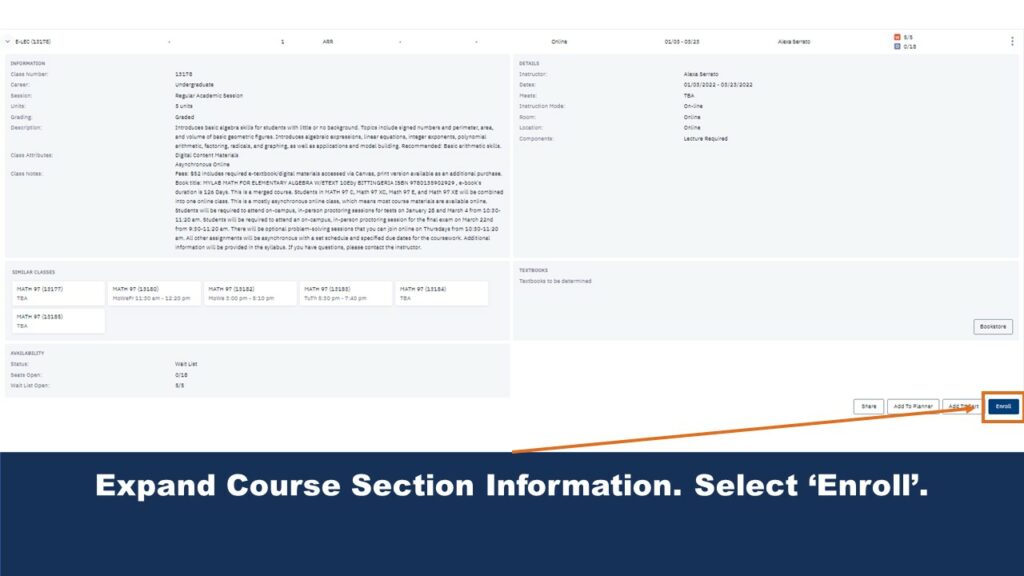 Picture that shows the expanded course selection information screen. An arrow helps users locate the "Enroll" button no the page.
