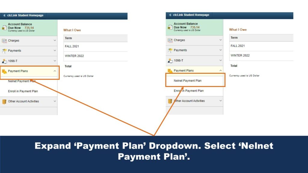 Picture of the Financial Account Tile menu. An arrow points to the Payment Plans dropdown menu, and another arrow points to the Nelnet Payment Plan button found in that menu.