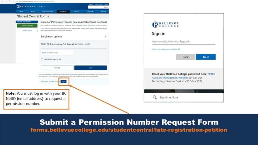 Picture that shows the permission number request form on the Bellevue College website. An arrow helps locate the login button used to sign in and request a permission number.