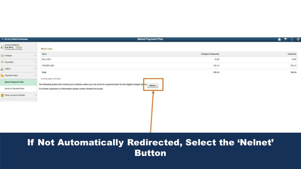 Picture of the Nelnet Payment Plan menu. An arrow points to the Nelnet button.