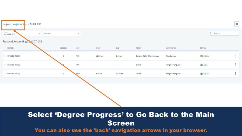 Picture of Course View page. An arrow points to the Degree Progress button that brings users back to the corresponding menu. 