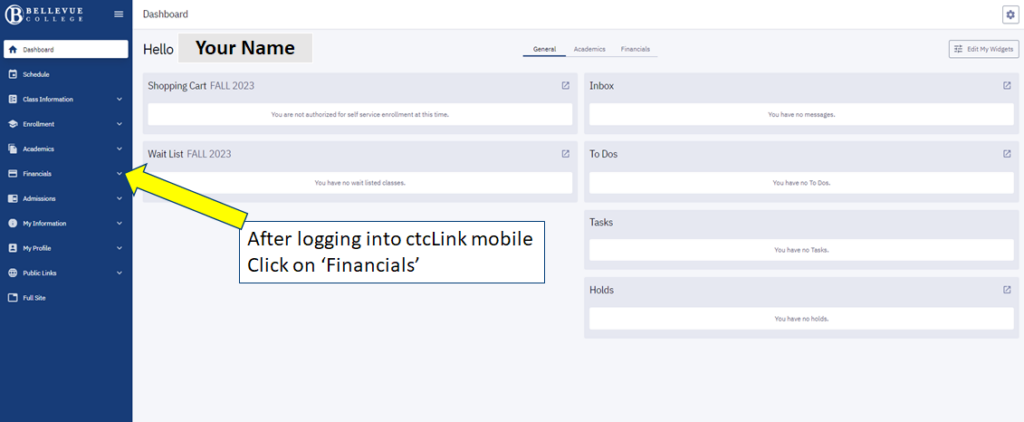 Picture that shows the location of the Financials dropdown menu in the ctcLink Mobile Homepage