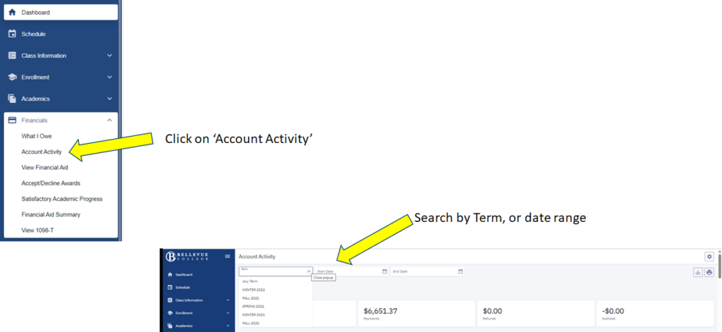 Picture that points out the location of the Account Activity Menu on the Dropdown page and the User Interface of that menu. Arrows point to notable features.