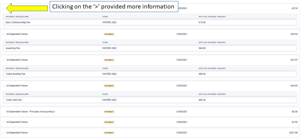 Picture that shows the expanded information found on items in the invoice when the corresponding button is clicked.