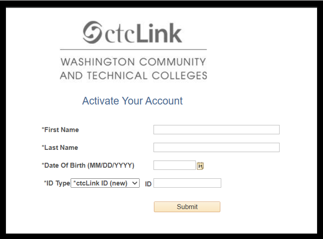 Activate Your Account page with required fields.