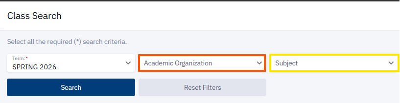 Class search displaying the difference between academic organization drop down menu and the subject drop down menu