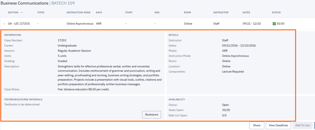 Expanded details of a course