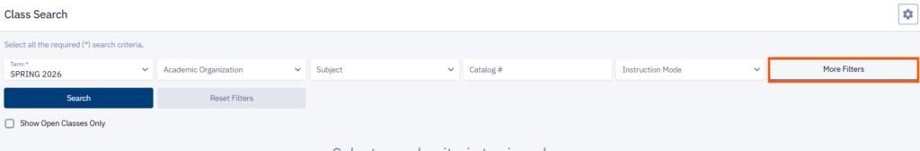 Class search with the more filters tile outlined
