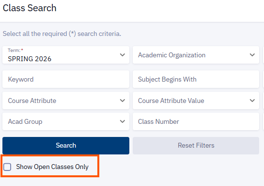 Show open classes only checkbox