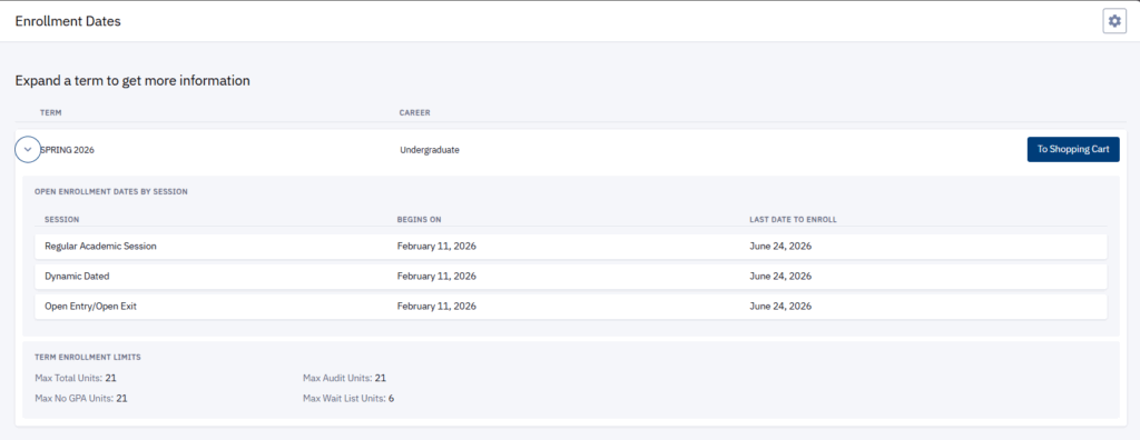 An example of the expanded enrollment dates chart.