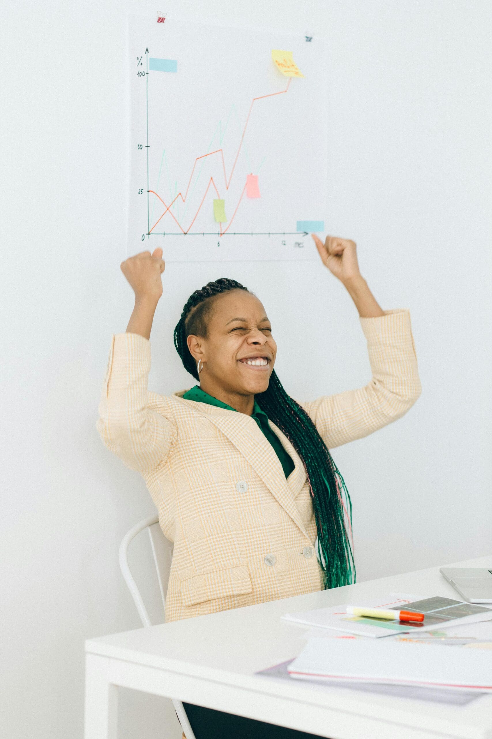 photo of a smiling woman raising her clenched fists