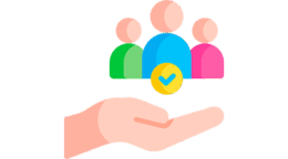 icon of hand holding three different people with a checkmark centered