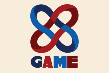 Interlocking blue and red abstract logo above the word "GAME".