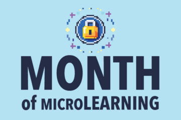 Pixel art design with a padlock emblem and the text "MONTH of microLEARNING" on a light blue background.