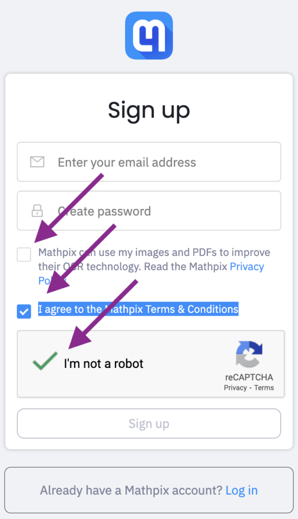 Mathpix sign-up page with email, password fields, with check box for privacy policy CAPTCHA verification, and terms agreement highlighted with a purple arrow.