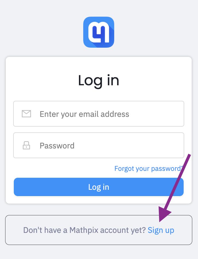 Mathpix login page with email, password fields, and 'Sign up' option highlighted in blue and a purple arrow.