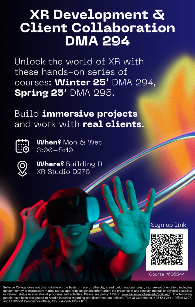 XR Development Course DMA 294 poster. Features a student using a VR headset.