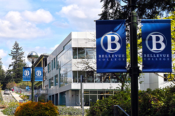 Bellevue College's Landerholm Circle displays banners that say "Bellevue College."