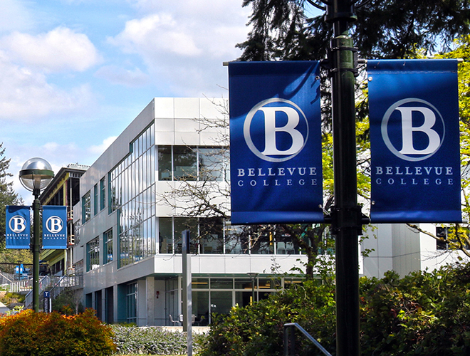 Banners that say "Bellevue College" are displayed on campus.