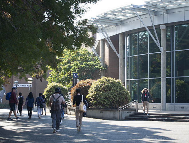 Students walk on the Bellevue College campus.