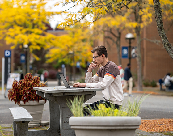 A student sits at a picnic table on the Bellevue College campus and concentrates on their laptop.