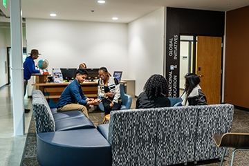 Students chat in a lounge at Bellevue College.