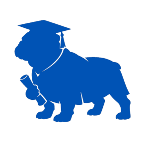 Silouette of a bulldog with a cap on and a diploma in Bellevue College blue.