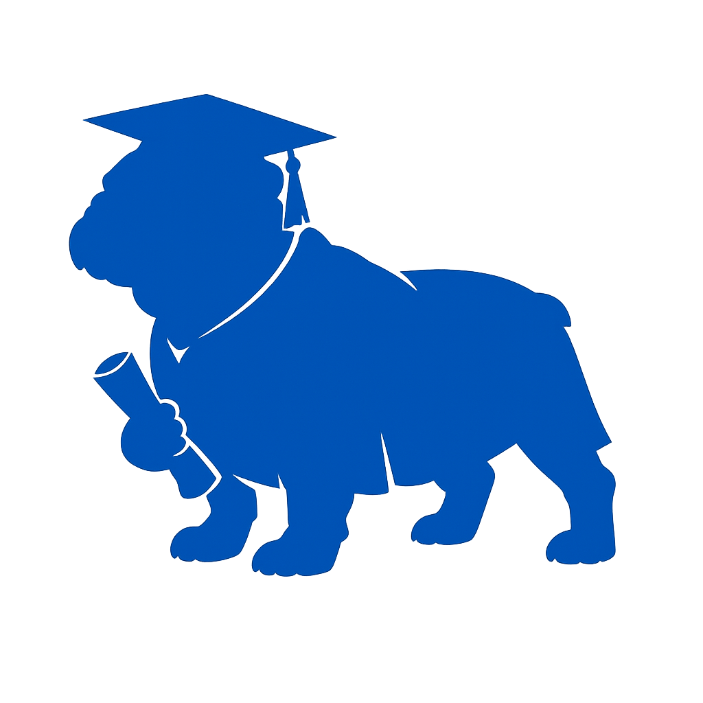 Silouette of a bulldog with a cap on and a diploma in Bellevue College blue.