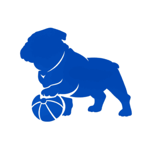 IA BC blue silhouette of a bulldog with a beachball.