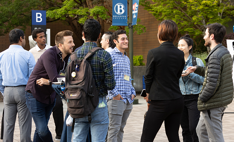 Business students gather for a campus event.