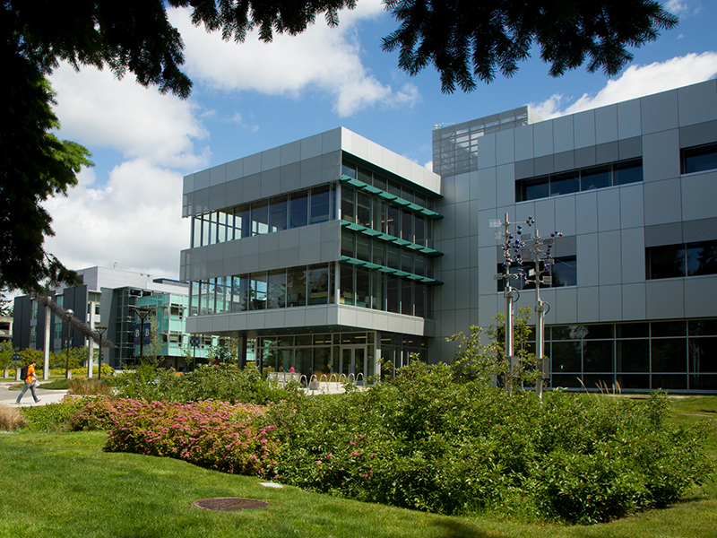 Bellevue College's T Building on a sunny day.