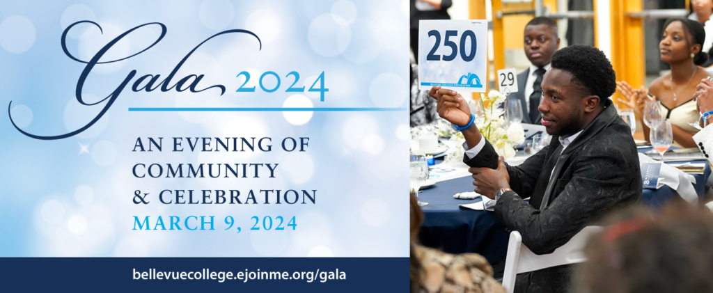 Gala 2024 promotional banner featuring man raising bid card. Text reads: Gala 2024. An evening of community & celebration. March 9, 2024