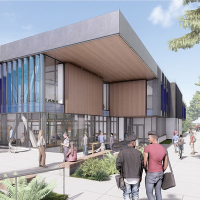 Rendering of new W Building exterior with students visiting in the courtyard