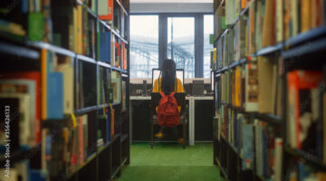 A view of student working in a library from behind
