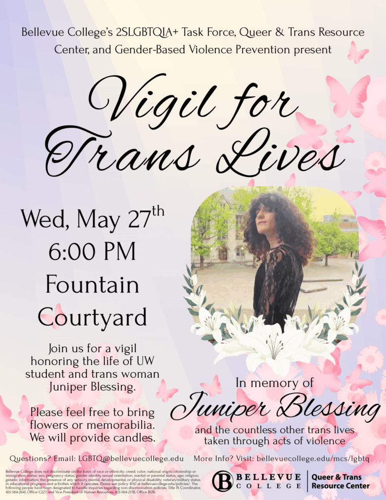 Event poster for the "Vigil for Trans Lives." The poster features Juniper Blessing surrounded by lilies and includes the event time, date and location.