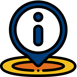 Information location icon (blue rounded arrow with the letter "i" inside pointed down on top of a yellow and orange oval).