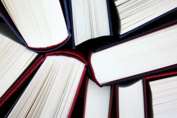 Overhead shot of book spines clustered together