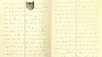 Hand written text of Alice in Wonderland featuring an illustration of a cat