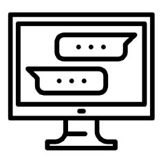 Drawing of computer monitor with two separate dialog boxes, indicating an online chat