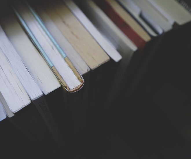 A row of books from above