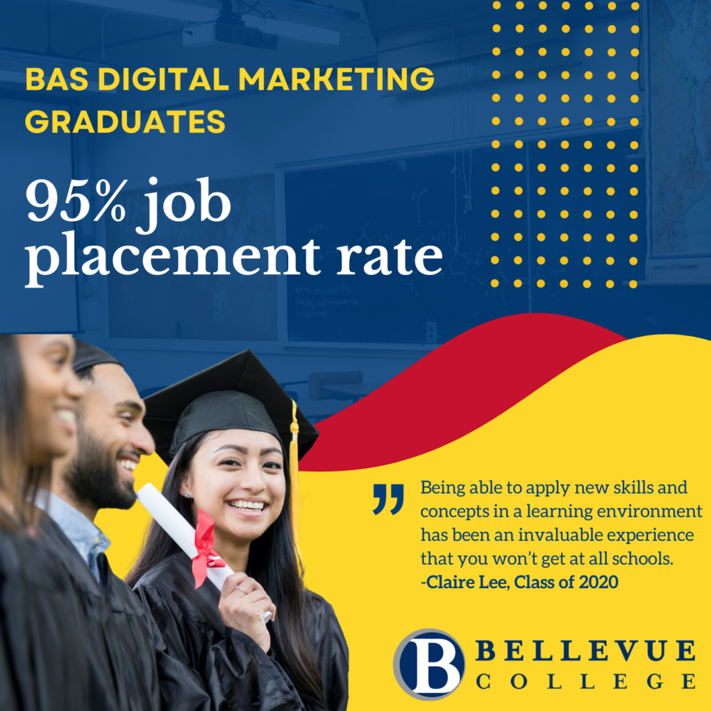 BAS Digital Marketing Graduates 95% job placement rate "Being able to apply new skills and concepts in a learning environment has been an invaluable experience that you won't get at all schools," - Claire Lee, Class of 2020 Bellevue College
