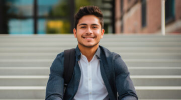 Student sitting on outdoor steps with a backpack.