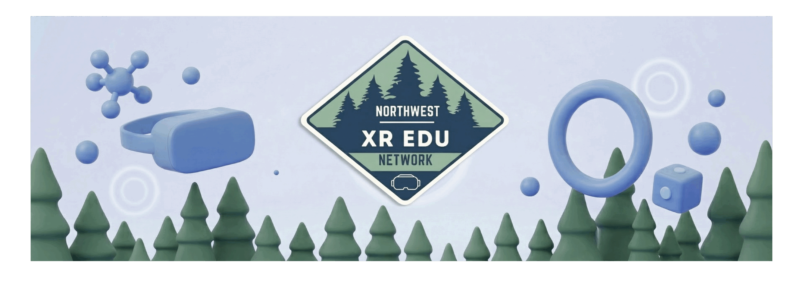 3D illustration with XR elements and evergreen trees surrounding the NW XR EDU Network logo