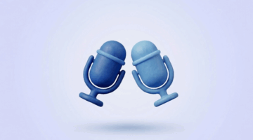 3D icon of two microphones facing each other, representing a podcast conversation