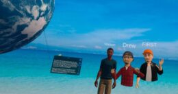 Three avatars stand together in a virtual beach environment with name labels above them.